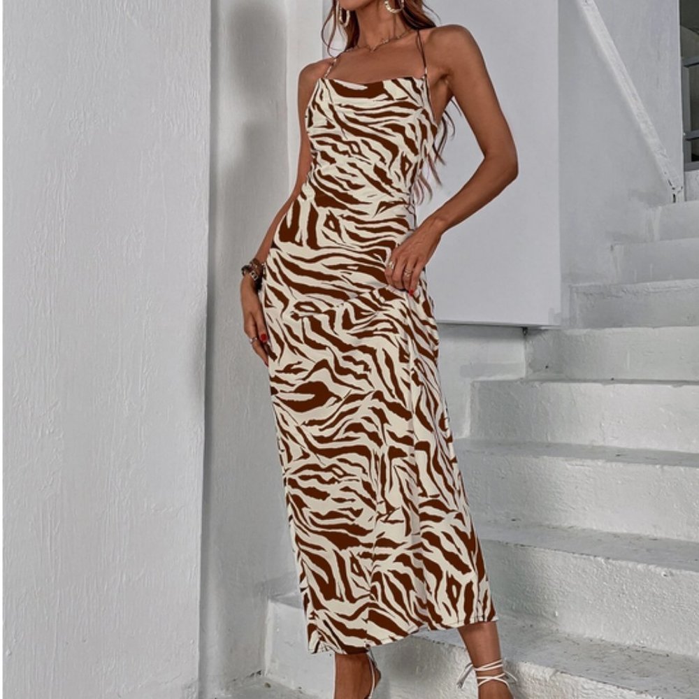 zebra print backless lace up cami maxi dress - Picture 3 of 6